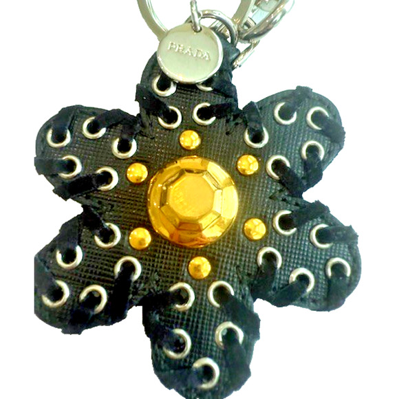 PRADA Flower BAG CHARM Key Ring Holder BLACK Leather Gold Silver METAL RARE AUTH - Picture 1 of 11